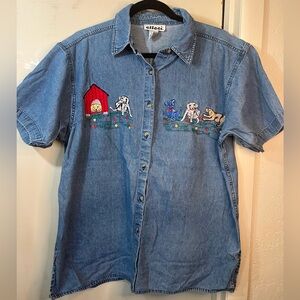 Blue Denim Shirt with Dog Embroidery